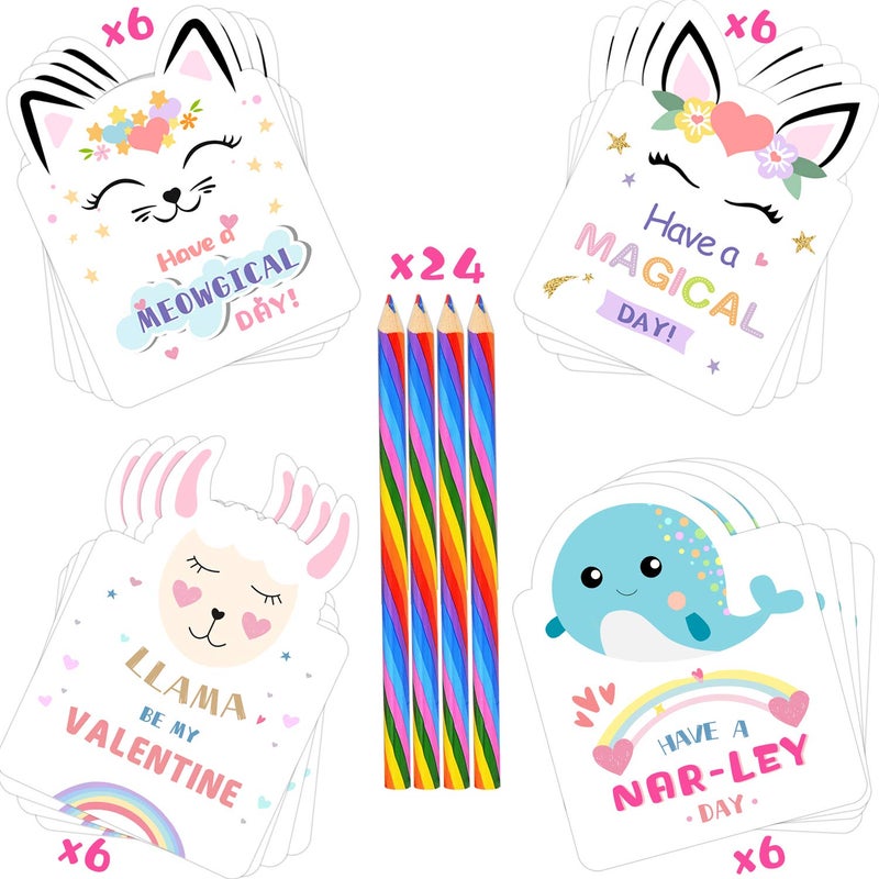 ORIENTAL CHERRY Valentines Day Cards for Kids - Set of 24 Rainbow Pencils Unicorn Valentines - Class Party Favors Valentine day cards Exchange Bulk for Girls Boys School Classroom Supplies - Image 2